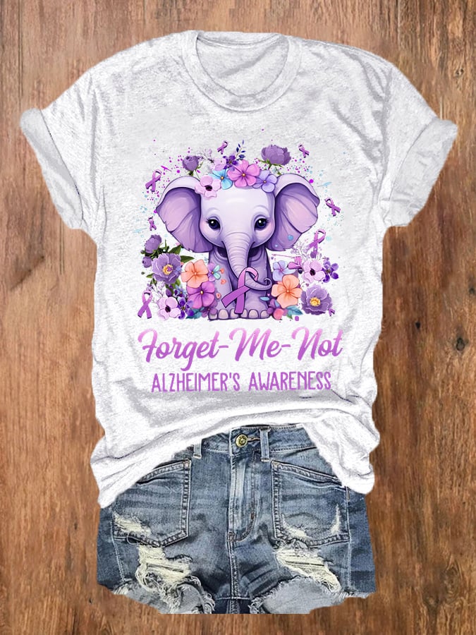 Women's Forget Me Not Alzheimer's Awareness Elephant Flower Print T-Shirt
