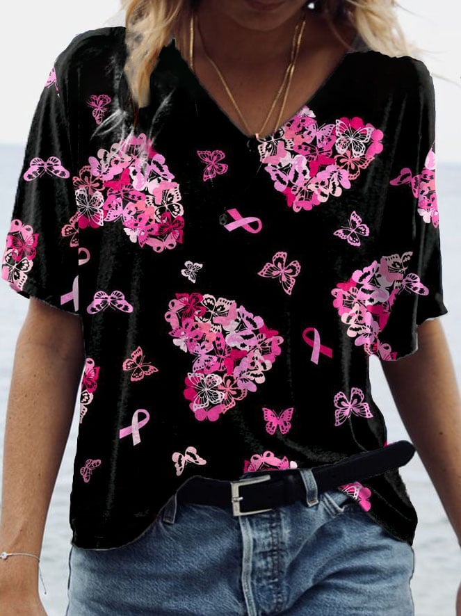 Women's Breast Cancer Awareness Pink Floral V-Neck T-Shirt