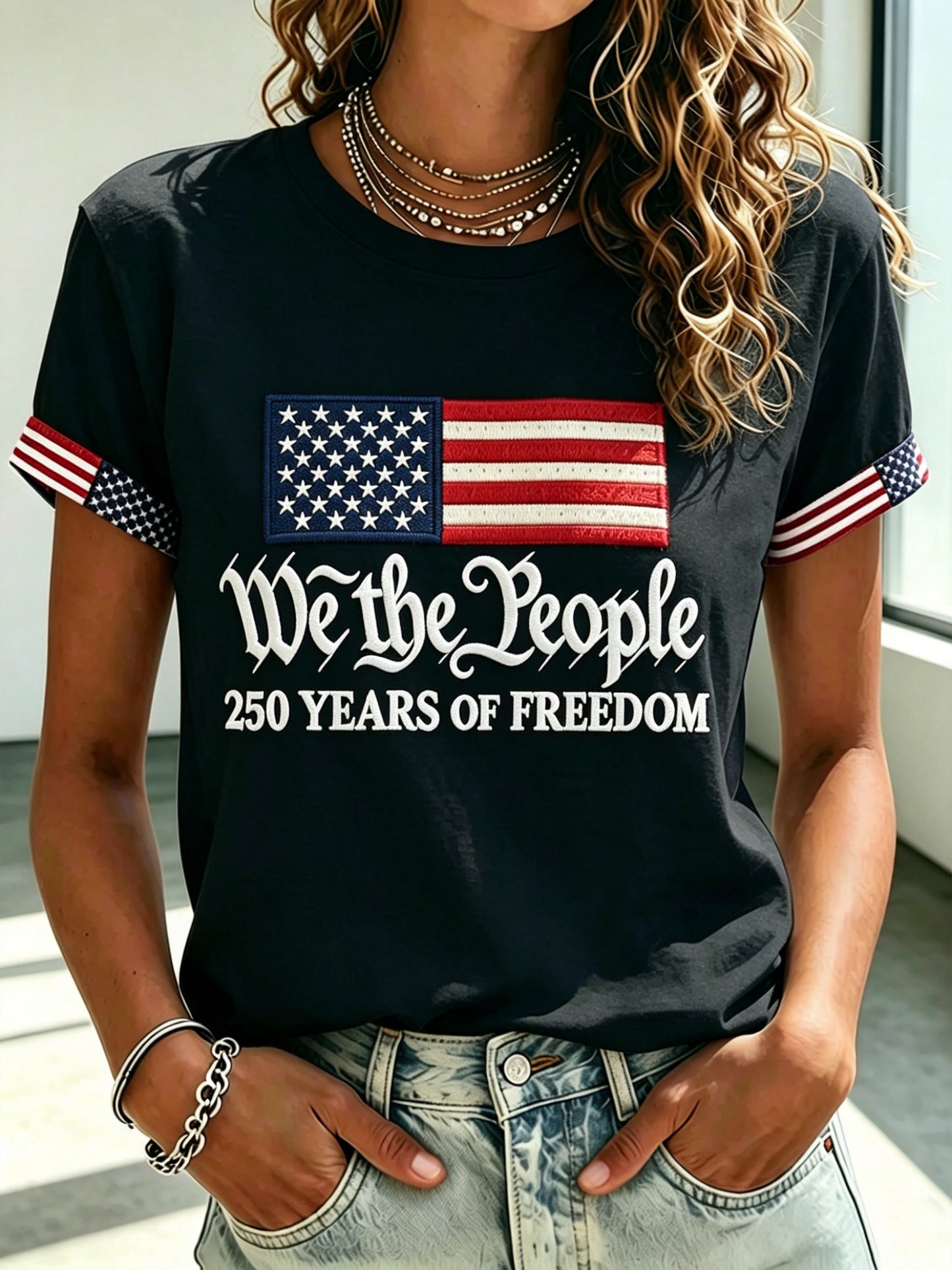 Women'S Casual 250 Commemorative Printed Embroidered Round Neck Short Sleeved T-Shirt