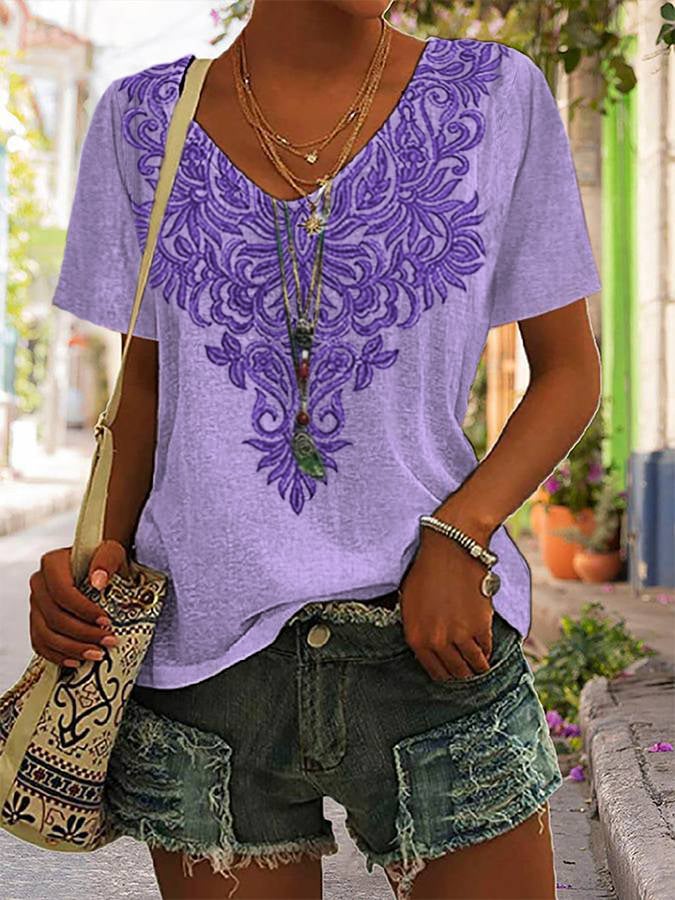 Women's Purple Flower Alzheimer's Awareness Support Print Casual V-Neck Tee