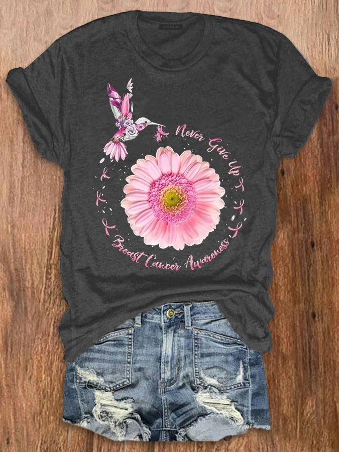 Women's Never Give Up Breast Cancer Awareness Print Crewneck T-Shirt