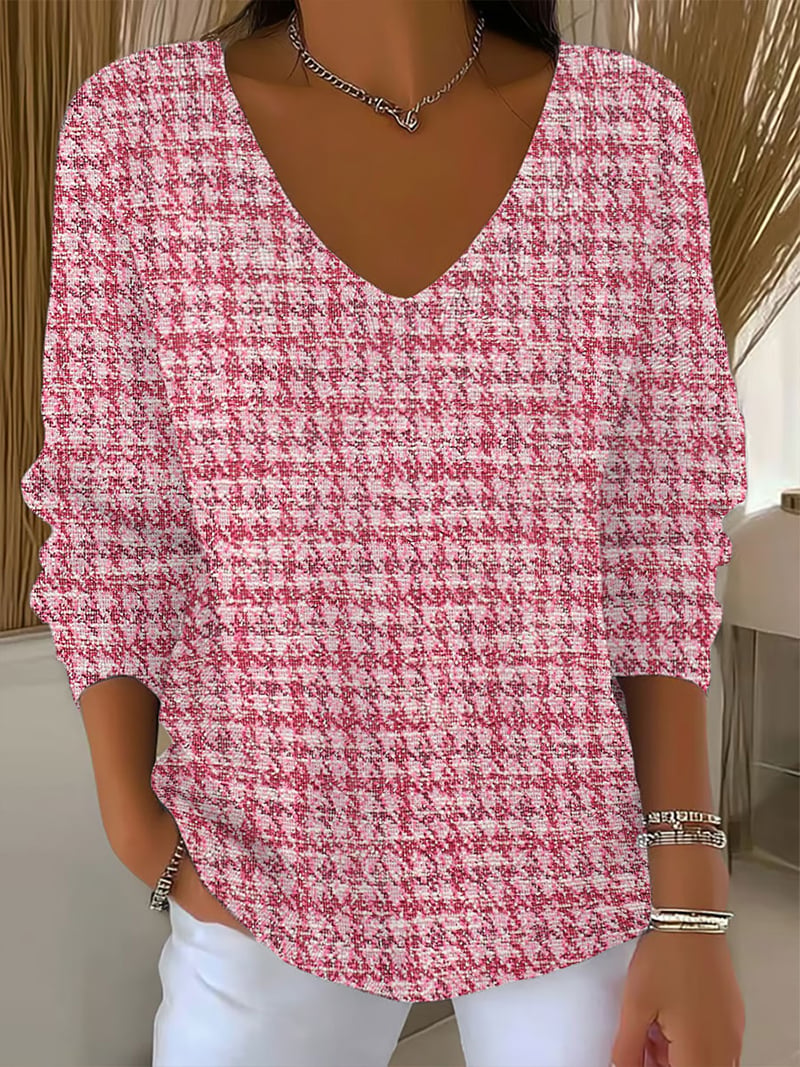 Women'S Pink Plaid Print Drop Shoulder Sweater
