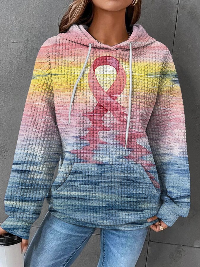 Women'S Pink Breast Cancer Ribbon Print Printed Hoodie Long Sleeve Sweatshirt