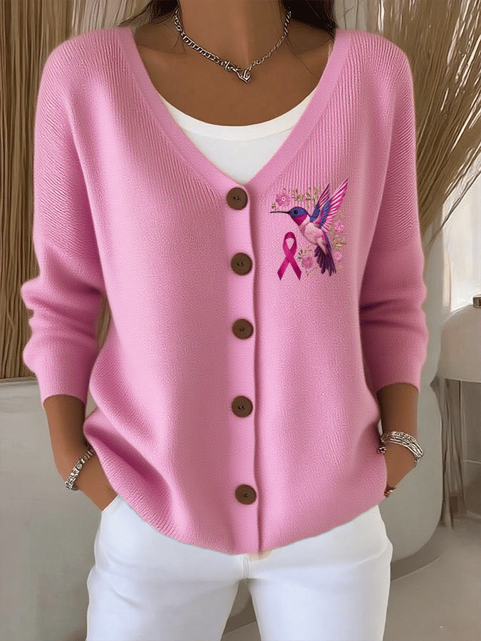 Women's Breast Cancer Hummingbird Print Cardigan