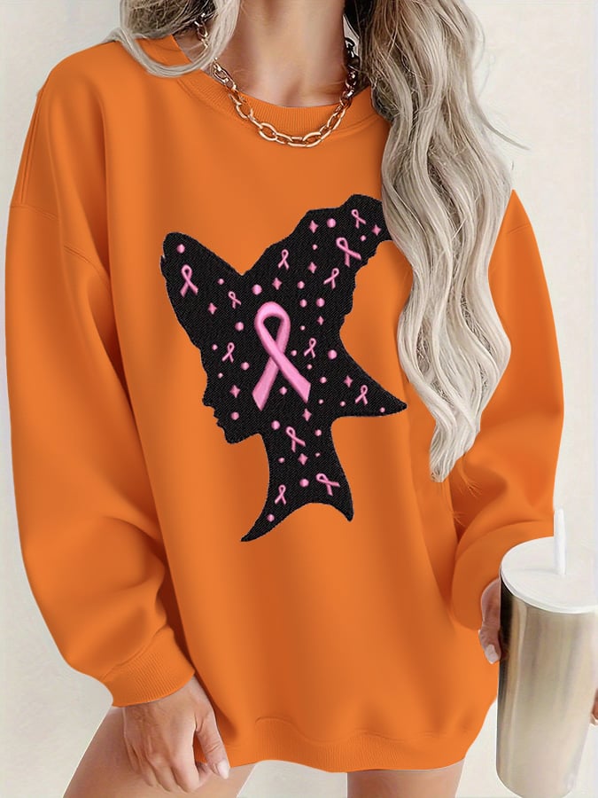 Women's Autumn/Winter Pink Ribbon Breast Cancer Awareness Halloween Crew Neck Sweatshirt