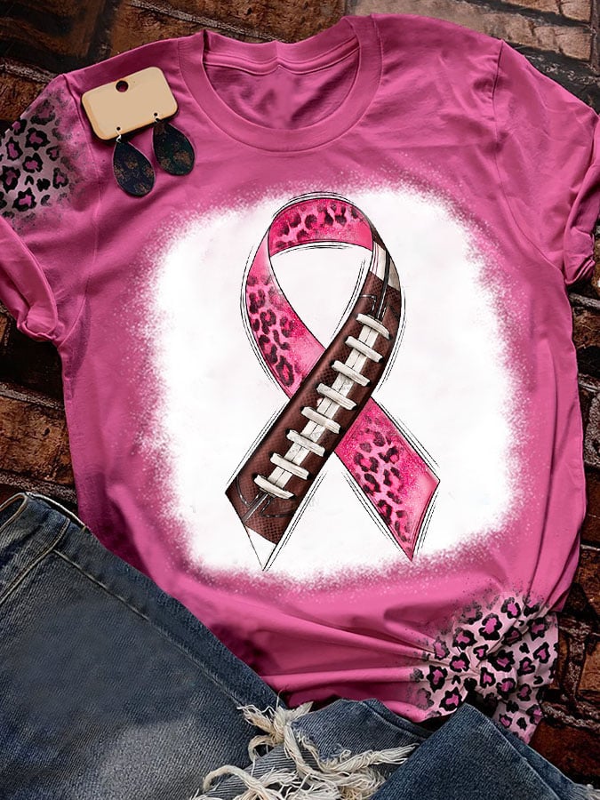 Women's Casual Pink Ribbon Breast Cancer Art Print Short Sleeve T-Shirt