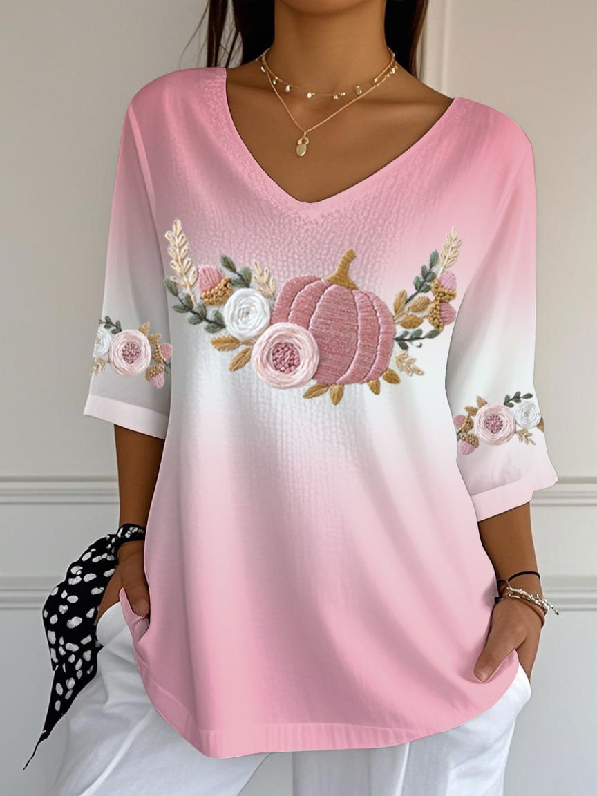 Women's Breast Cancer Floral Print Jacquard Casual V-Neck Top