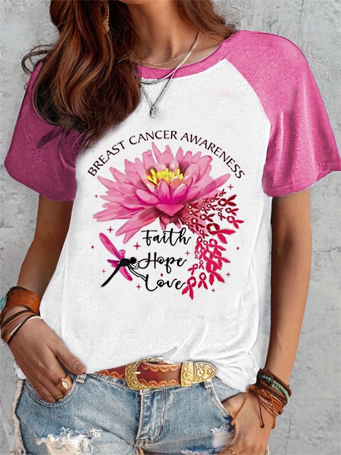 Women's Faith Hope Love Daisy Breast Cancer Awareness Print T-Shirt