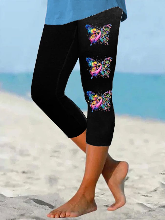 Women's Cancer Butterfly Ribbon We Believe in Miracles Fight In All Color Print Cropped Leggings