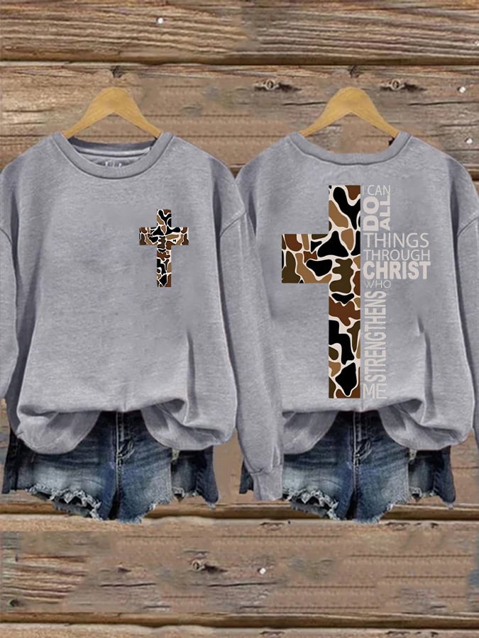 Women's Philippians 4:13 Camo Cross Print Sweatshirt