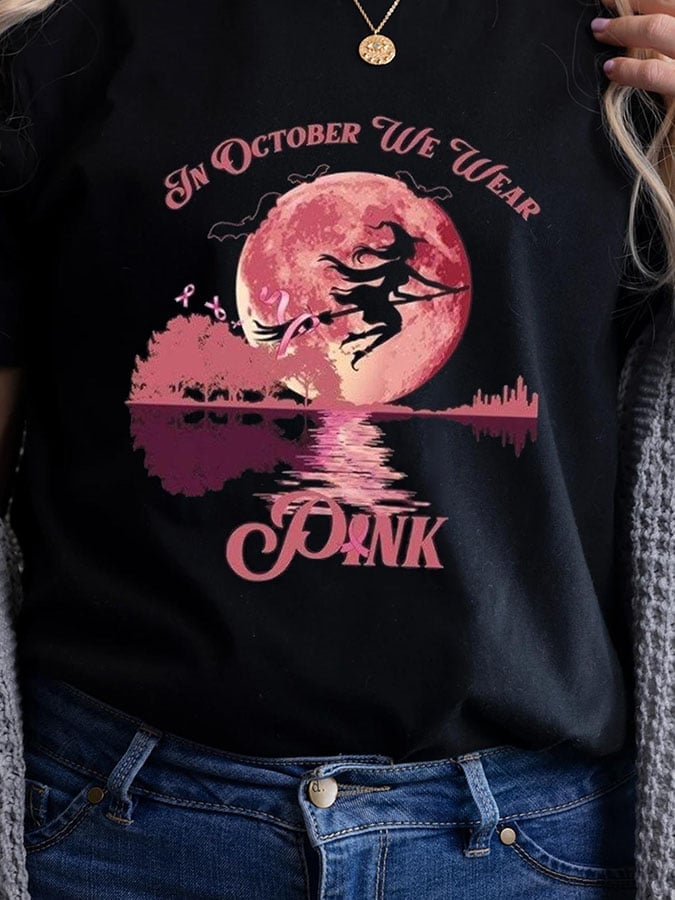 Halloween Witch In October We Wear Pink Print T-Shirt
