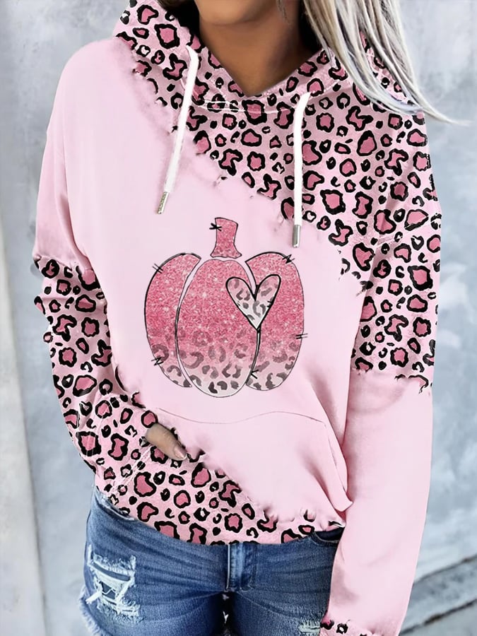 Women's Pink Pumpkin Leopard Breast Cancer Awareness Pink Ribbon Print Casual Hoodie