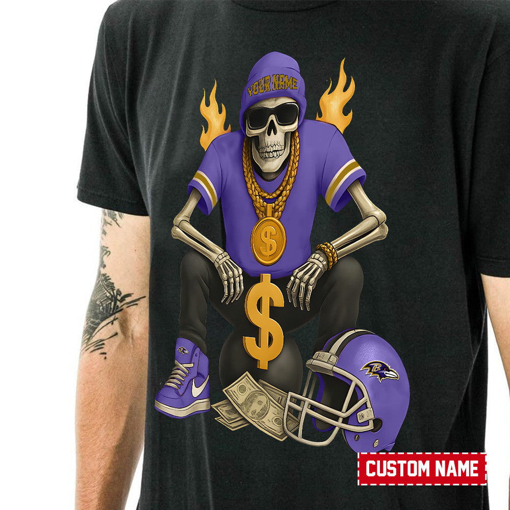 American Football Cool Skeleton Black Tshirt Personlized Name Gift For Fan 05