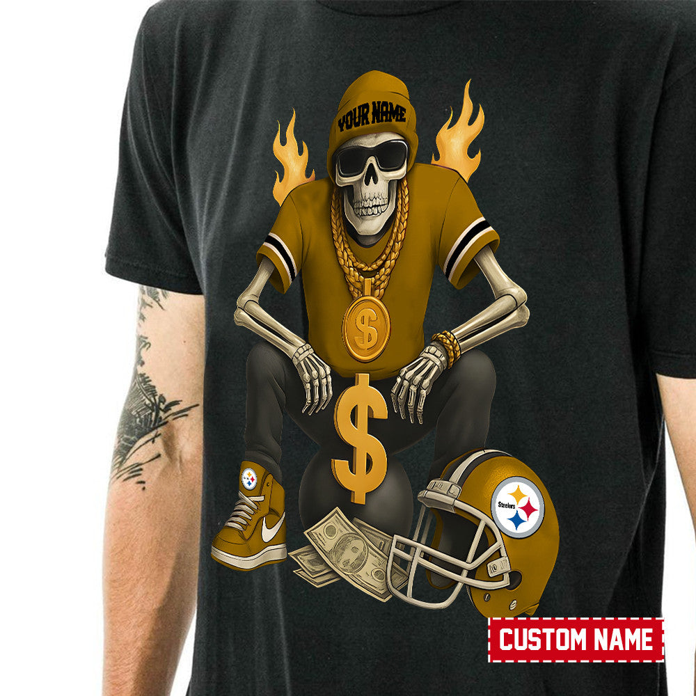 American Football Cool Skeleton Black Tshirt Personlized Name Gift For Fan 08