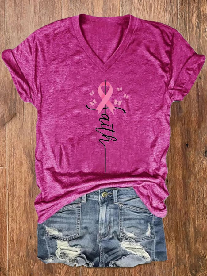 Women's Faith Hope Fight Love Butterfly Breast Cancer Awareness T-Shirt