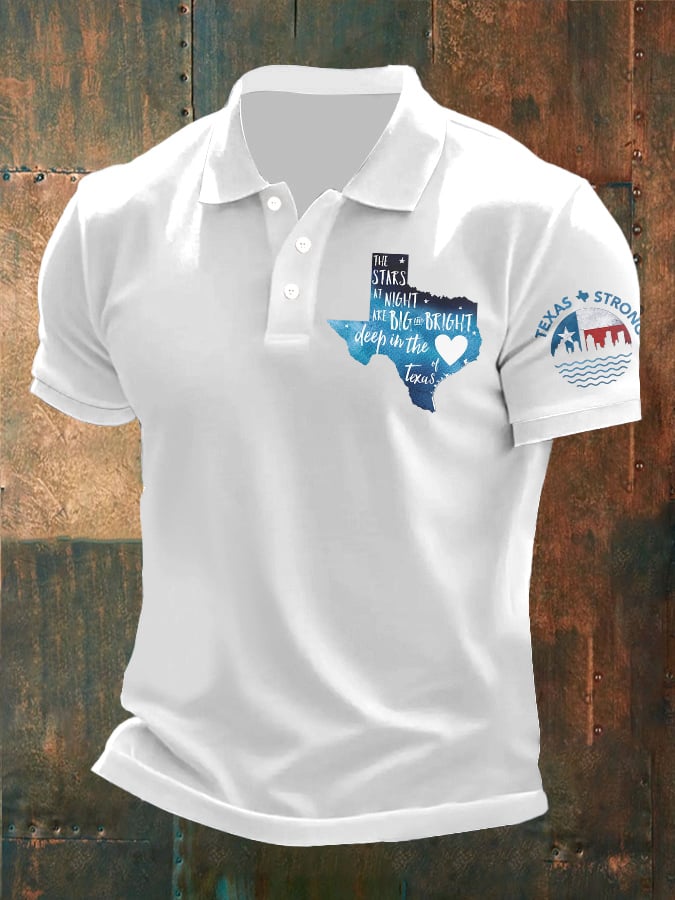๐๐Join us in praying for Texas.๐Men's Retro Texas Strong The Stars At Night Are Big And Bright Deep In The Heart Of Texas Printed Polo Shirt