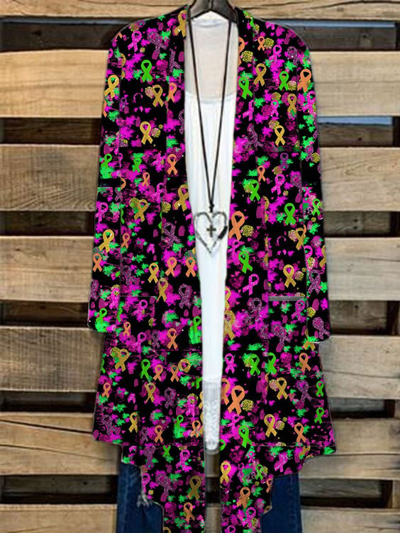Women's All Cancer Awareness Colorful Ribbon Print Cardigan