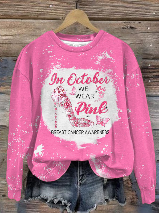 In October We Wear Pink Breast Cancer Awareness Print Round Neck Sweatshirt