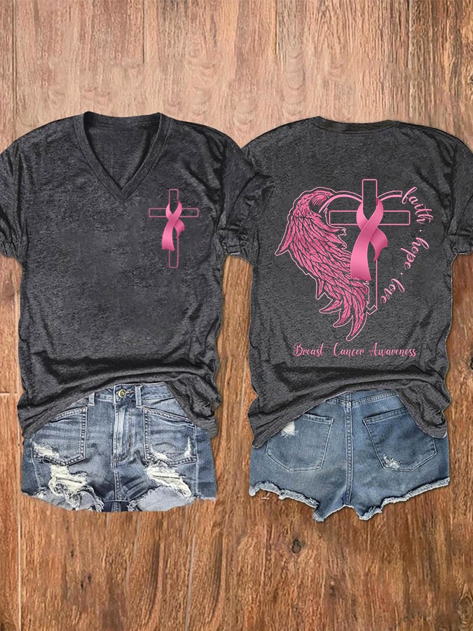 Women's Fight Hope Love Breast Cancer Awareness Print Casual T-Shirt