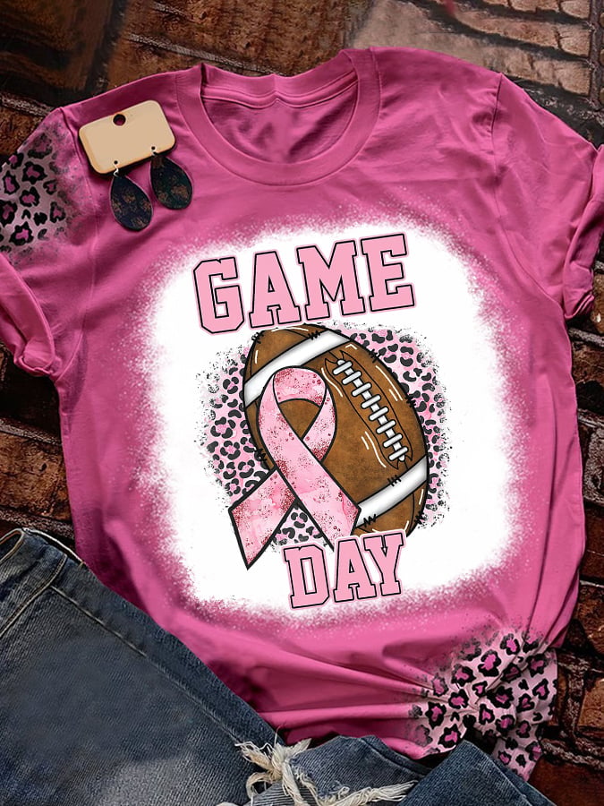 Retro Breast Cancer Awareness Football Game Day Leopard Print T-Shirt