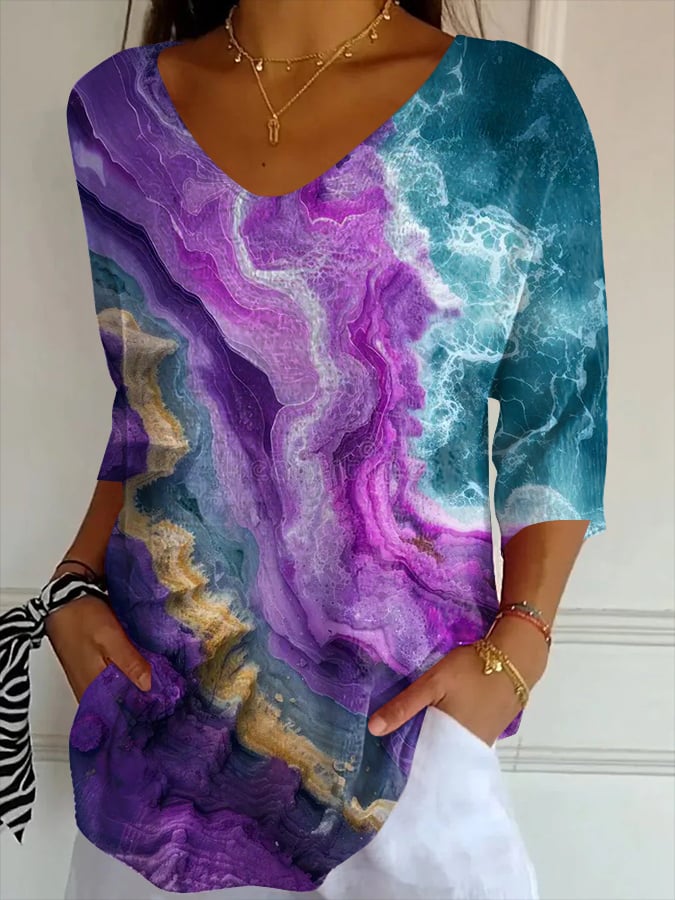 Women's Purple Art Printed Pit Fabric Casual V-Neck Mid-Sleeve Knitted T-Shirt
