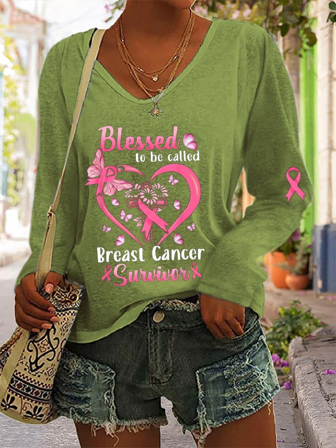 Blessed To Be Called Breast Cancer Survivor Printed Long Sleeve T-Shirt