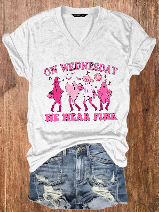 Women's Halloween Breast Cancer On Wednesdays We Wear Pink Howdy Pink Ribbon Ghost Print V-Neck T-Shirt