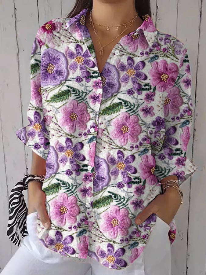 Women's Retro Alzheimer's Awareness Flowers Print Casual Shirt