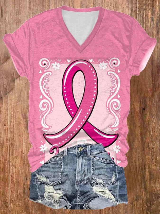 Women's Casual Pink Ribbon Breast Cancer Art Print Short Sleeve T-Shirt