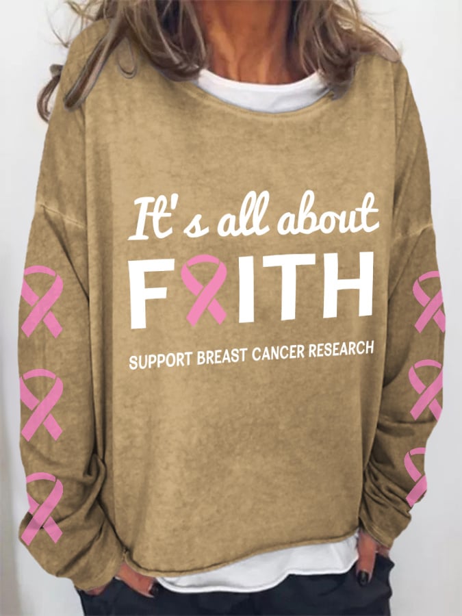 It's All About Faith Support Breast Cancer Pink Ribbon Print Sweatshirt