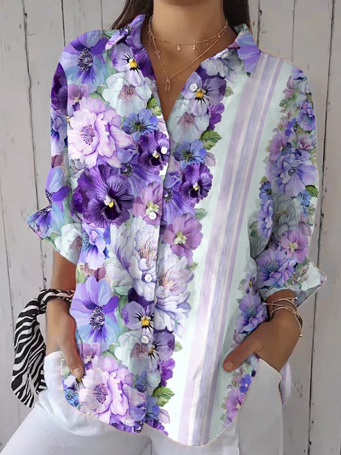 Women's Retro Alzheimer's Awareness Flowers Print Casual Shirt