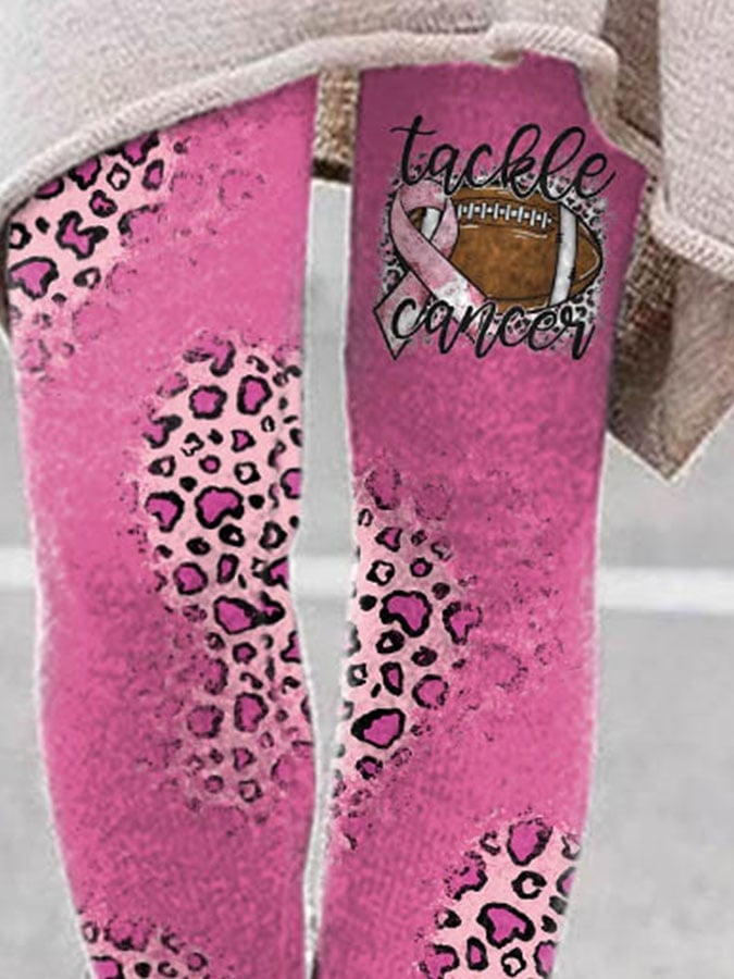 Breast Cancer Awareness Tackle Cancer Football Leopard Print Leggings
