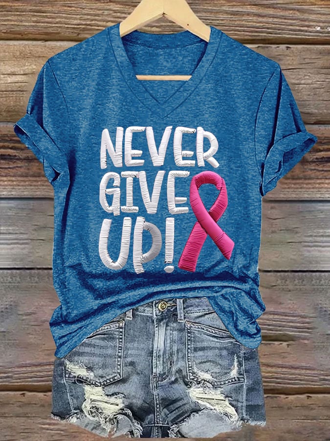 Never Give Up Women's Breast Cancer Awareness Print T-Shirt