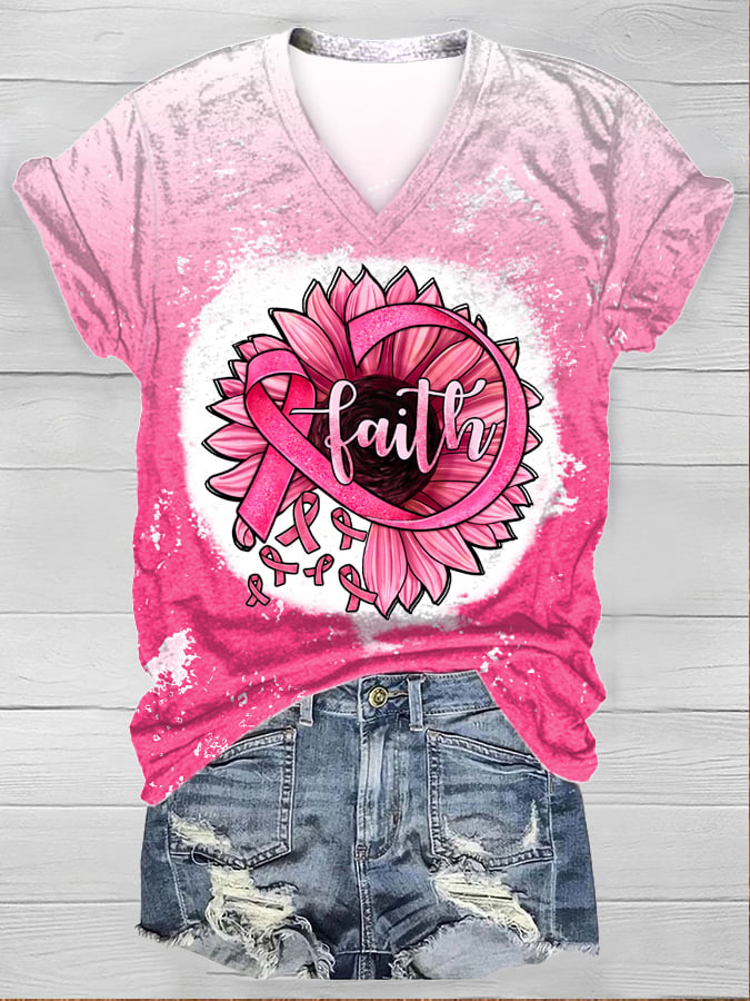 Women's Faith Sunflower Breast Cancer Awareness Gradient Print Short Sleeve T-Shirt