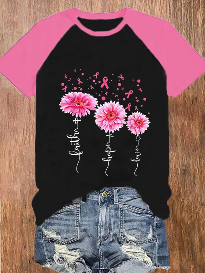 Women's Faith Hope Love Daisy Breast Cancer Awareness T-Shirt