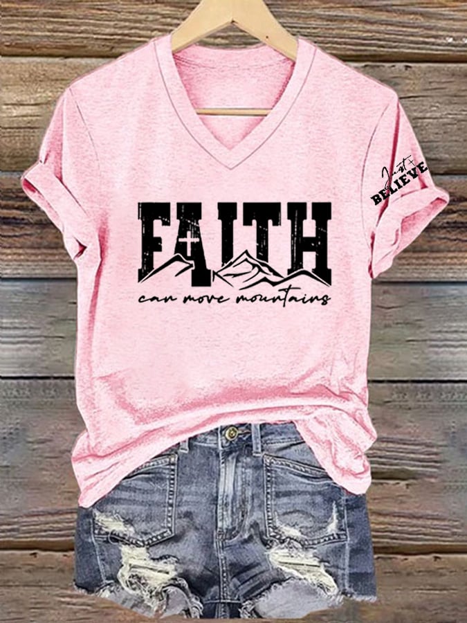 Women's Faith Can Move Mountains Printed V-Neck Tee