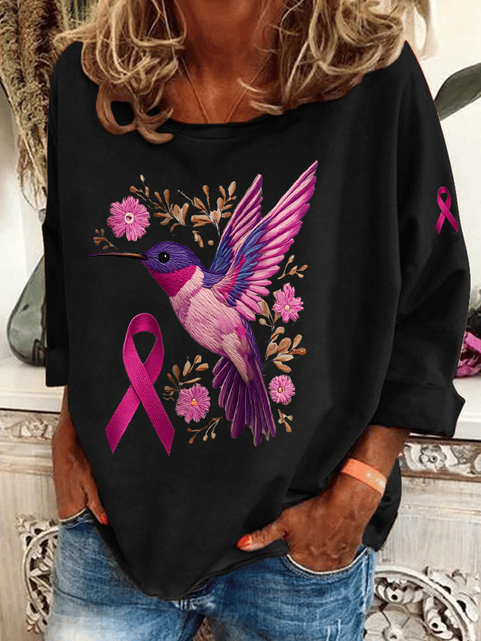 Womens Breast Cancer Awareness Hummingbird Heat Transfer Casual Sweatshirt