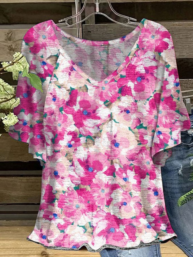 Women's Breast Cancer Awareness Pink Floral Print Ruffle Sleeve T-Shirt
