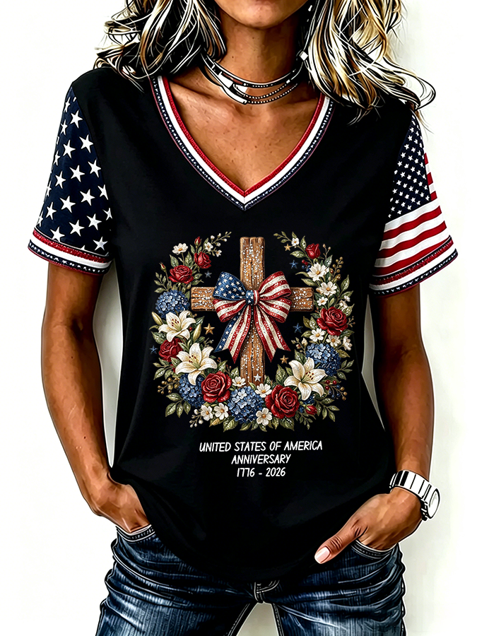 Women'S One Nation Under God Print Casual V-Neck T-Shirt
