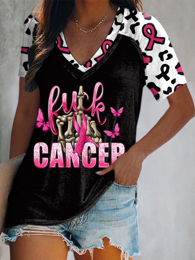 Breast Cancer Awareness Leopard Butterflies Print V-neck T-shirt