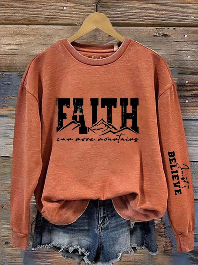 Women's Faith Can Move Mountains Print Crew Neck Sweatshirt