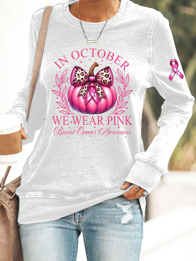 Women's In October We Wear Pink Print Breast Cancer Awareness Sweatshirt