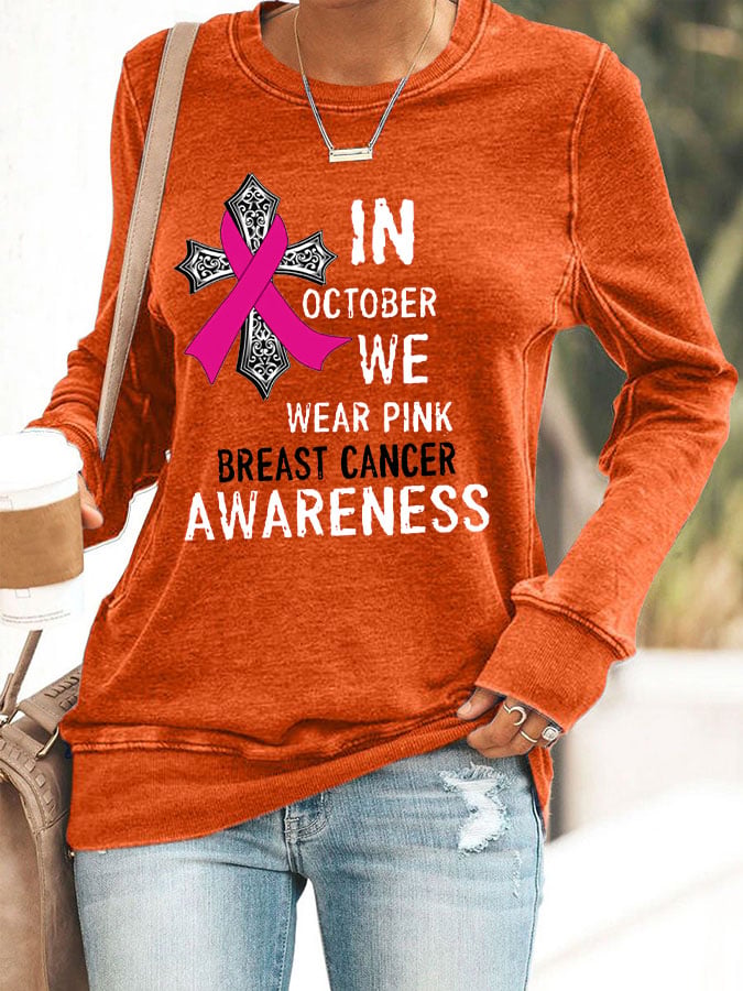 Women's In October We Wear Pink Breast Cancer Awareness Print Casual Crew Neck Sweatshirt