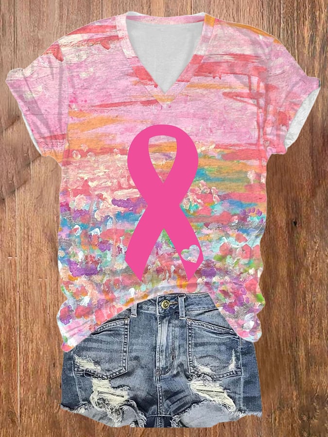 Breast Cancer Ribbon Print V Neck T-Shirt