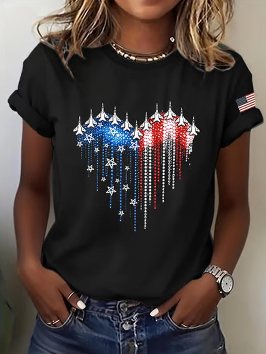 Women's casual round neck Patriot printed T-shirt