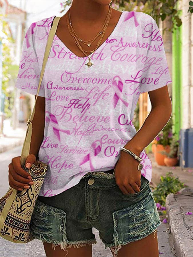 Women's Breast Cancer Faith Print V-Neck T-Shirt