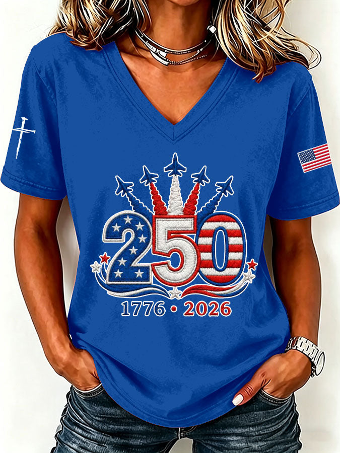 Women'S America Flag Floral Print Casual V-Neck T-Shirt