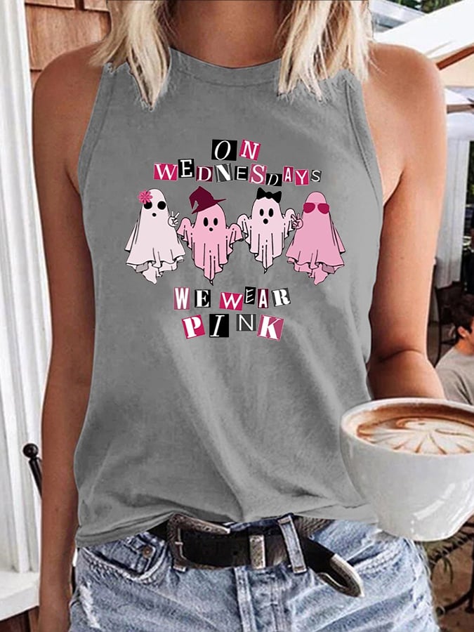 Women's Halloween Breast Cancer On Wednesday We Wear Pink Cute Ghost Halloween Print Tank Top