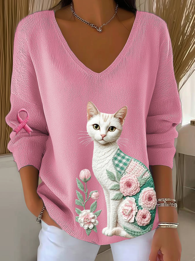 Women's Pink Floral Cat Casual T-shirt