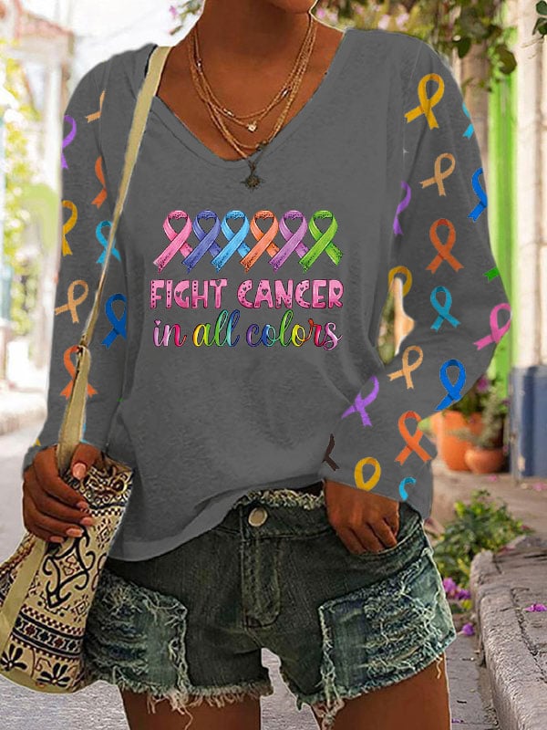 Women's Fight Cancer In All Colors V-neck Long Sleeve T-shirt